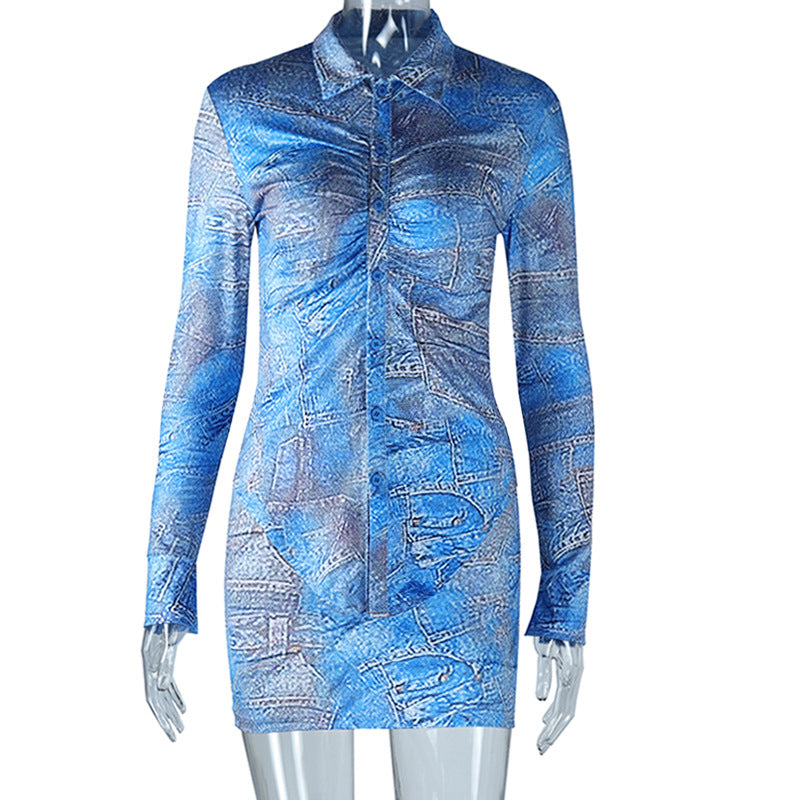 Long Sleeves Button-Up Printed Shirt & Skirt Two-Piece Set (7524302520408)