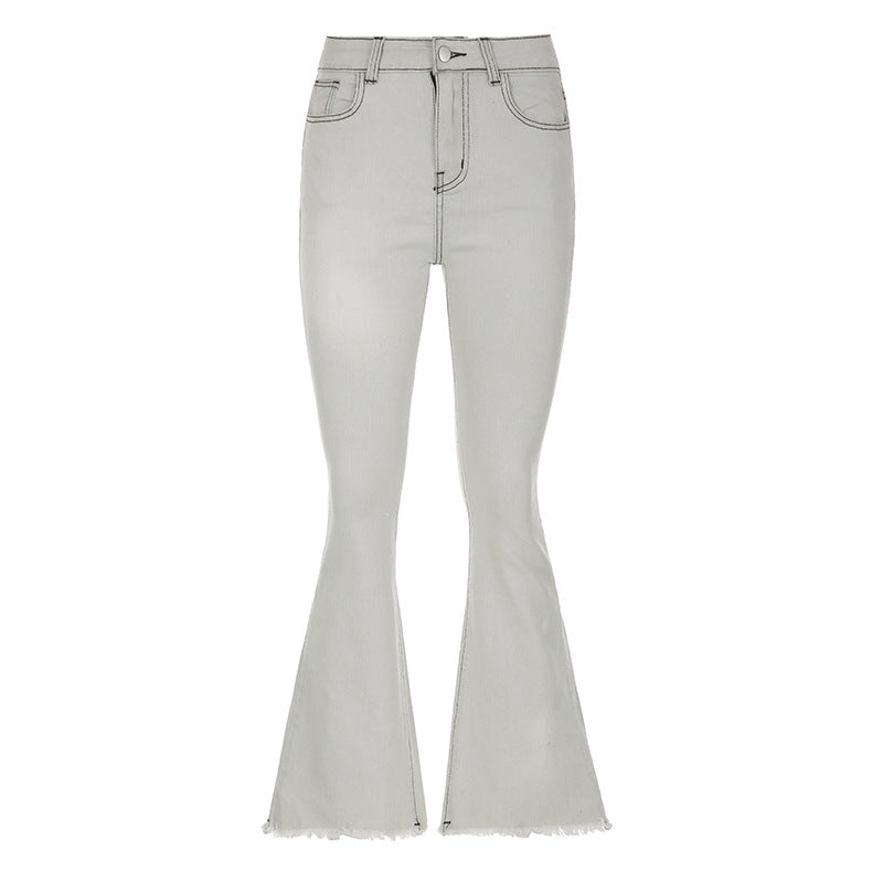 Contrast Color Washed High Elastic High-Waist Hip Lifting Bell Bottom Skinny Frayed Hem Denim Jeans (7524740956248)