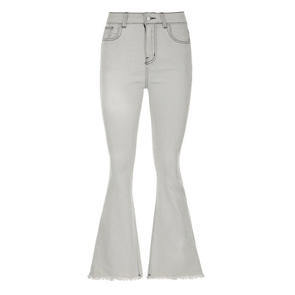 Contrast Color Washed High Elastic High-Waist Hip Lifting Bell Bottom Skinny Frayed Hem Denim Jeans (7524740956248)