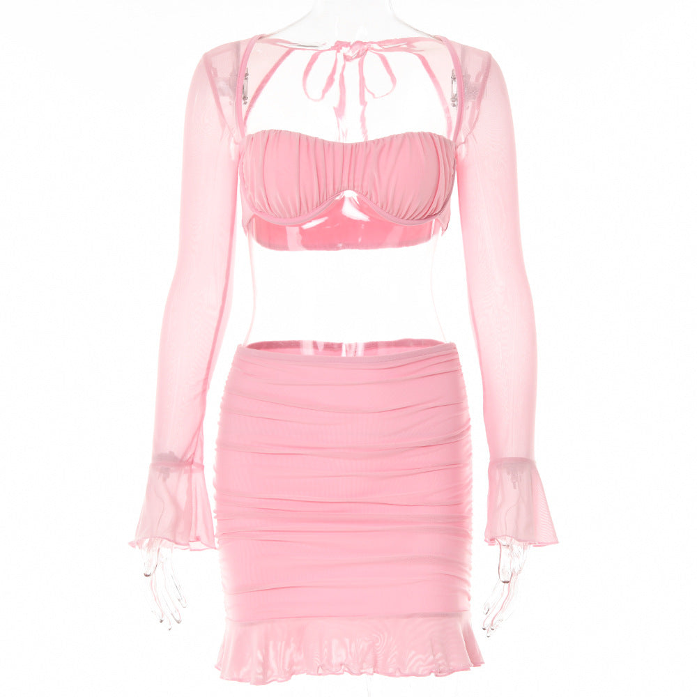 Long Sleeves Voile Tied Tube Top & Skirt Set (7524290101336)