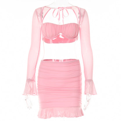 Long Sleeves Voile Tied Tube Top & Skirt Set (7524290101336)