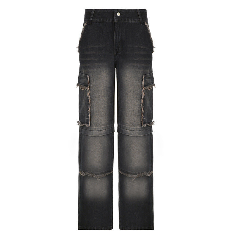 Distressed Frayed-Stitching Mid-Waist Beggar Pockets-Split Denim Jeans