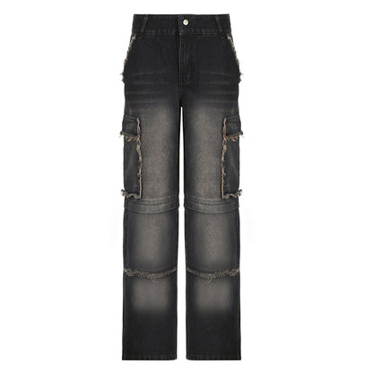 Distressed Frayed-Stitching Mid-Waist Beggar Pockets-Split Denim Jeans