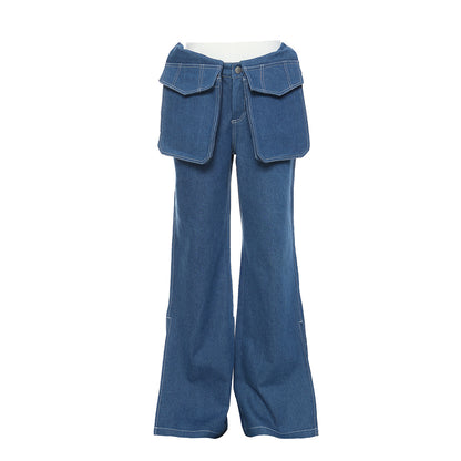 Detachable-Pockets Mid-Low Straight Leg Denim Jeans