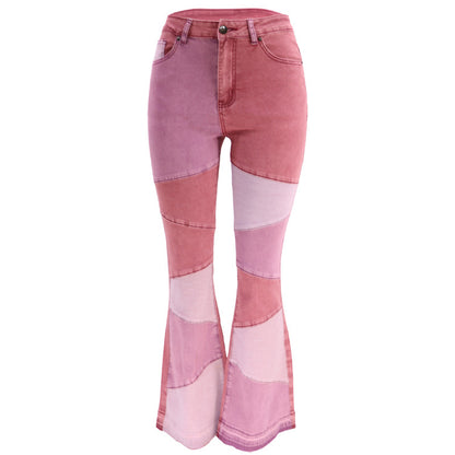 Contrast Color Stitching Wide Leg Denim Jeans