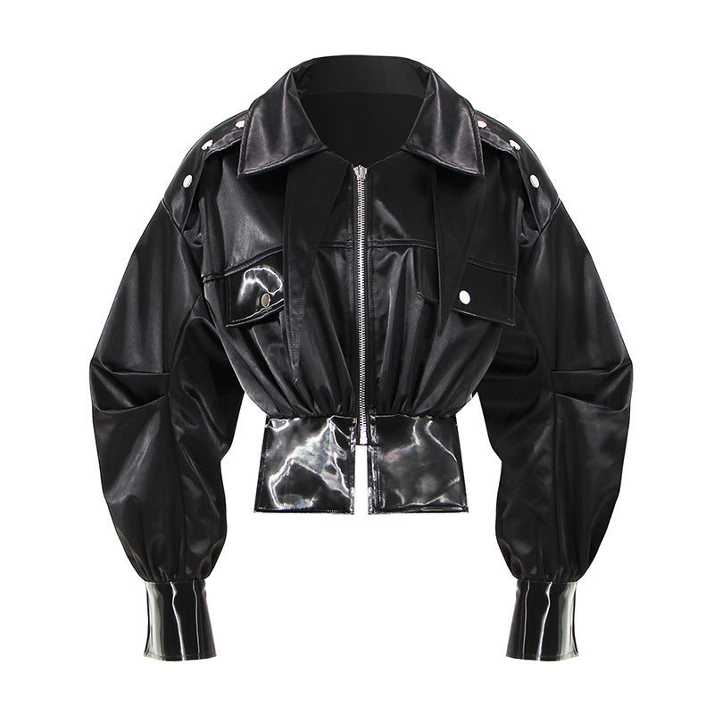 Thick Leather Coat Women Short Internet Popular Jacket High Waisted Cinched Waist Figure Flattering Motorcycle Cotton Padded Coat Small Coat (7524988223576)