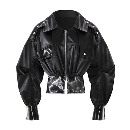Thick Leather Coat Women Short Internet Popular Jacket High Waisted Cinched Waist Figure Flattering Motorcycle Cotton Padded Coat Small Coat (7524988223576)