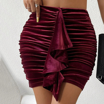Velvet Pleated Asymmetrical Lace Sheath Skirt