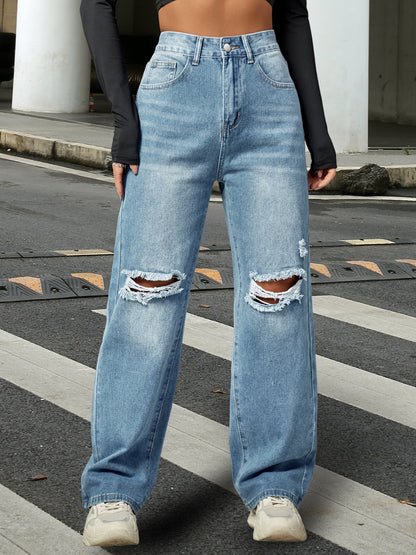 Wide Leg Straight Leg Distressed Denim Jeans