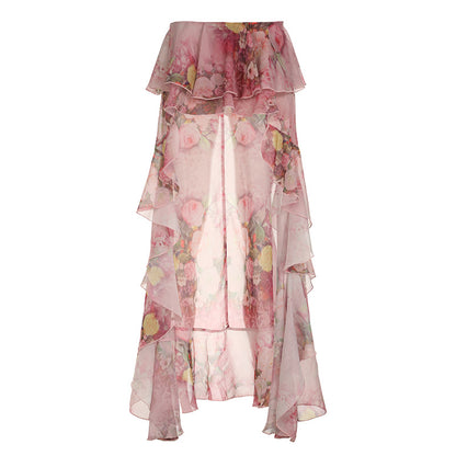 Double Layer Floral Print Irregular Asymmetric Ruffled Skirt
