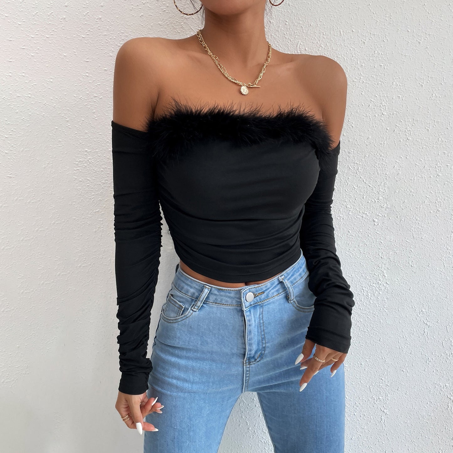 Retro Fur Line Tube-Top Long-Sleeves Off-Neck Backless Off-Shoulder Top (7518488363096)