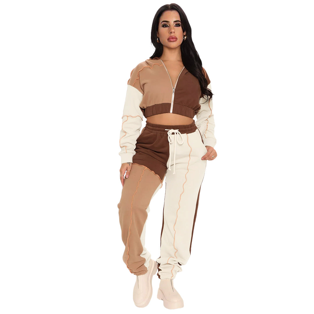 Multi-Fabric Zip-Up Hooded Stitching Sporty Two-Piece Set (7516840460376)
