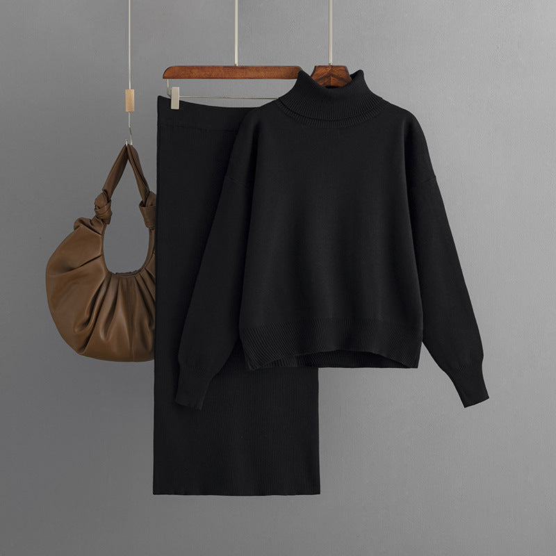 Solid Color Turtleneck Sweater & Sheath Skirt Two-Piece Set (7524297539672)