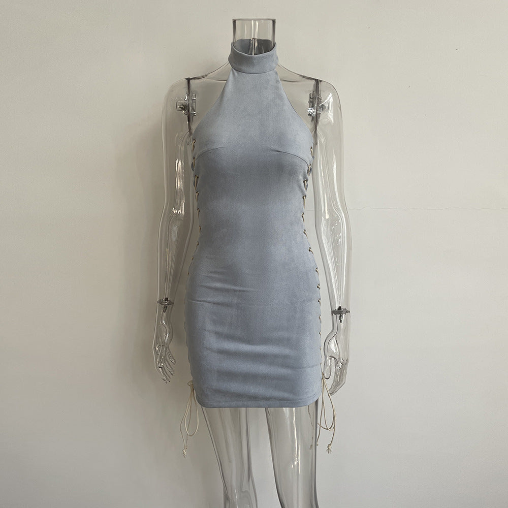 Solid Color Halter Lace-Up Dress