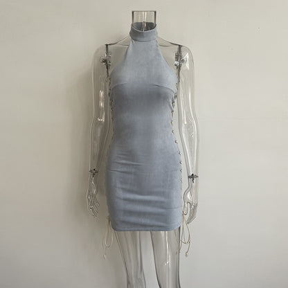 Solid Color Halter Lace-Up Dress