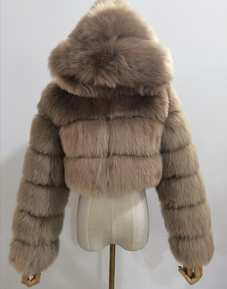 Faux Fox Fur Hooded Short Coat