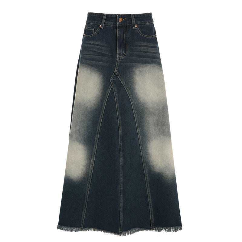 Retro High-Waist Vertical Stripe Distressed & Frayed Fishtail Denim Skirt (7522342076504)