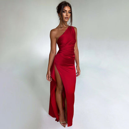 One-Shoulder Slim-Fit Side Slit Maxi Backless Dress (7516660990040)