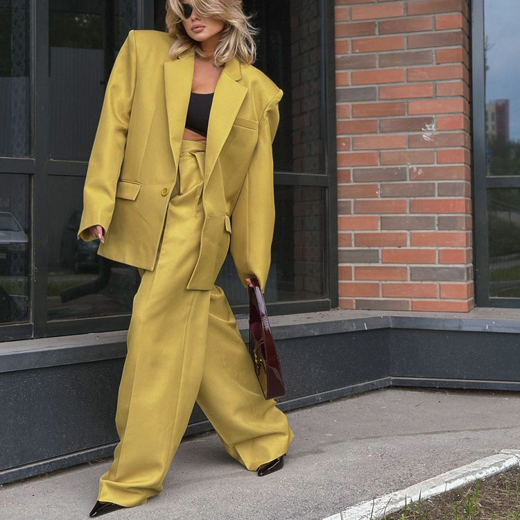 Collared Baggy High Waist Wide Leg Two-Piece Set