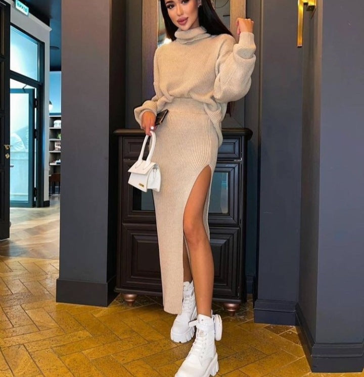 Pullover Polo-Neck Split Maxi Skirt & Top Two-Piece Set