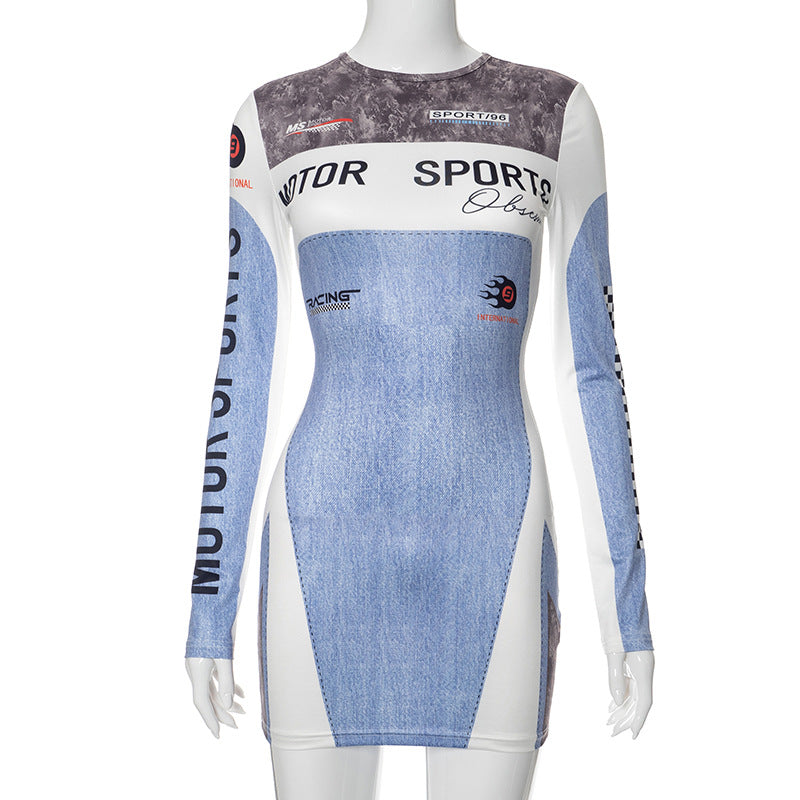 Sports Motorcycle Printed Long Sleeves Round-Neck Mini Dress (7524754489432)