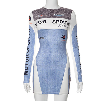 Sports Motorcycle Printed Long Sleeves Round-Neck Mini Dress (7524754489432)