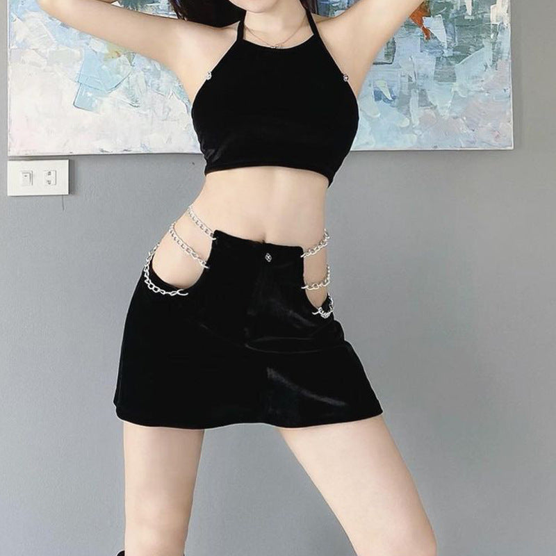 Slimming Hip Zipper Iron Chain Skirt & Top Two-Piece Set (7524297637976)