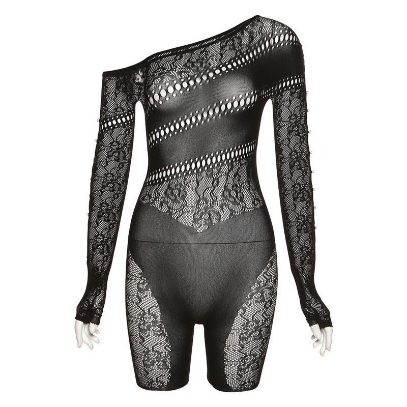 Shoulder-Jacquard Long Sleeves Fishnet Romper