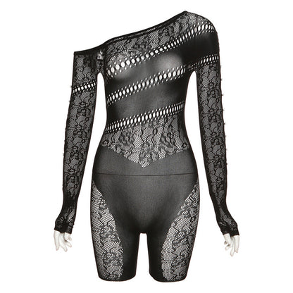 Shoulder-Jacquard Long Sleeves Fishnet Romper