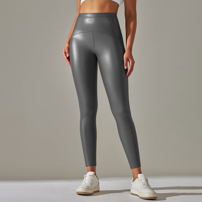 Faux Leather Pants High Elastic Sexy High Waist Solid Color Bright Black Tight Trousers Running Fitness Yoga Pants (7525024039000)