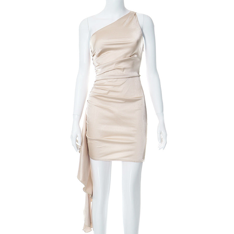 Oblique-Shoulder Sleeveless Lengthy Slim Dress (7516659974232)