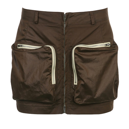 Solid Color High-Waist Slim-Fit Large Pockets & Zippers Workwear Skirt