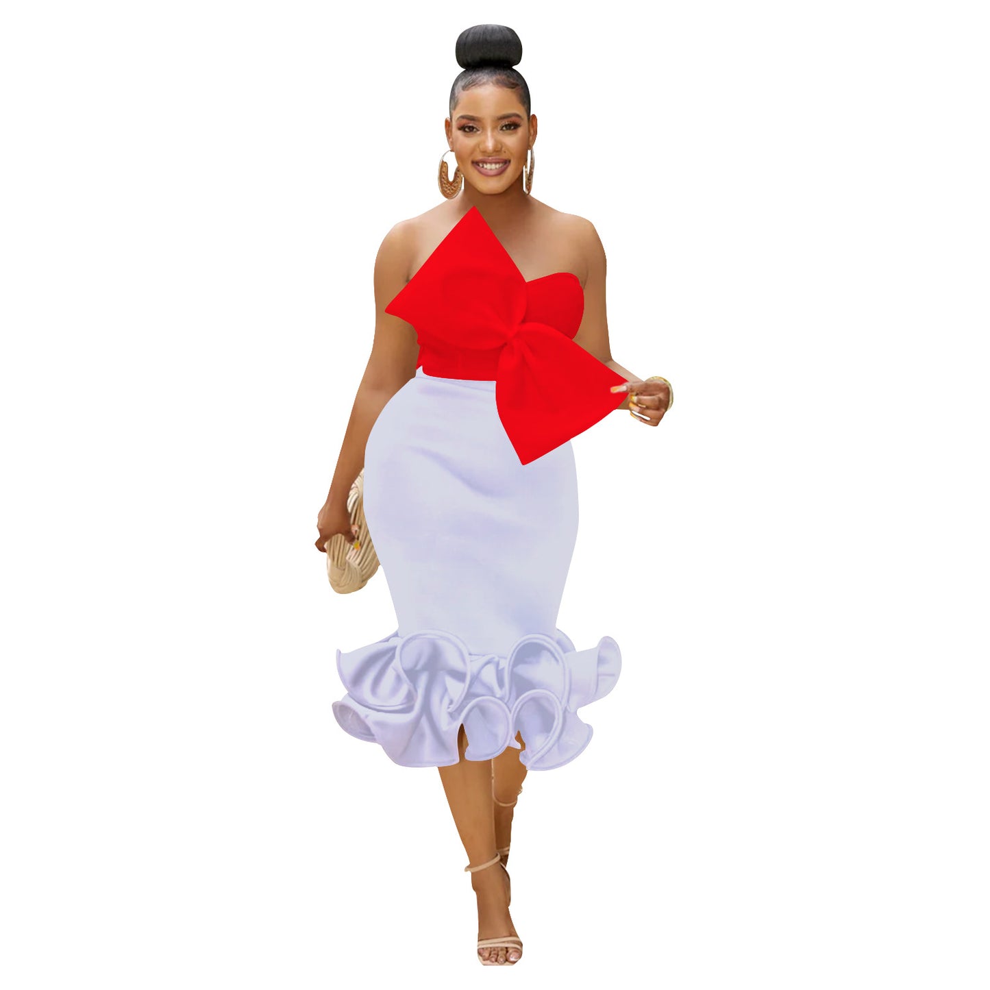 Sleeveless Bow Tube-Top & 3D Hip Skirt Two-Piece Set (7524278042712)