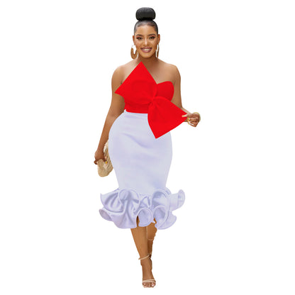 Sleeveless Bow Tube-Top & 3D Hip Skirt Two-Piece Set (7524278042712)