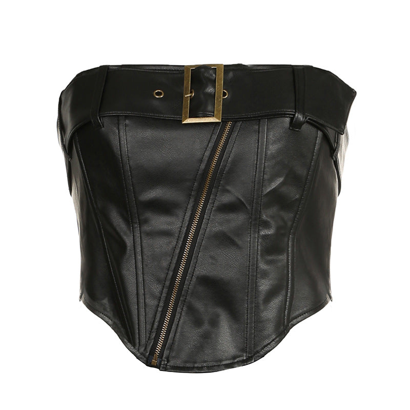 Metallic Motorcycle Belt Adjustable Asymmetric Zipper Corset & Skirt Two-Piece Set (7524302225496)