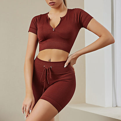 Zipper & Strings - Zipper Bra Shirt High Waist Shorts Vertical Ribbed Stripes Set (7516852322392)