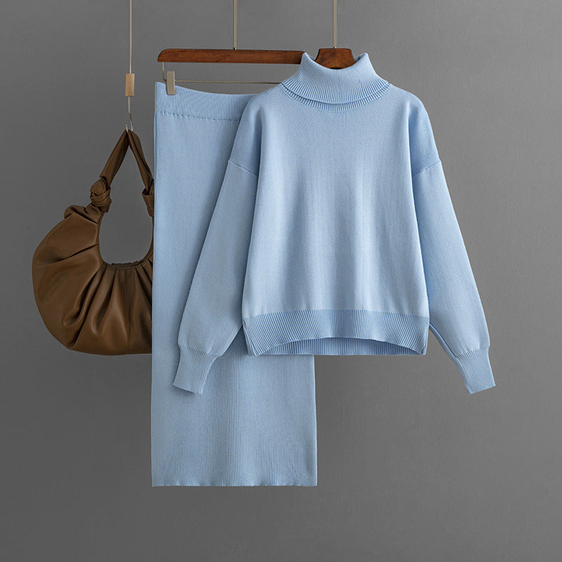 Solid Color Turtleneck Sweater & Sheath Skirt Two-Piece Set (7524297539672)
