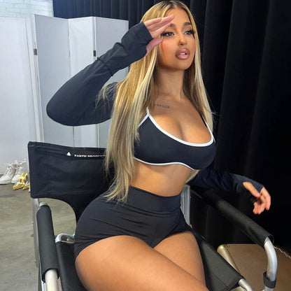 Sleeves Top - Color Contrast Striped Cut-On Long Sleeves & Shorts Three-Piece Activewear - Set (7516822011992)