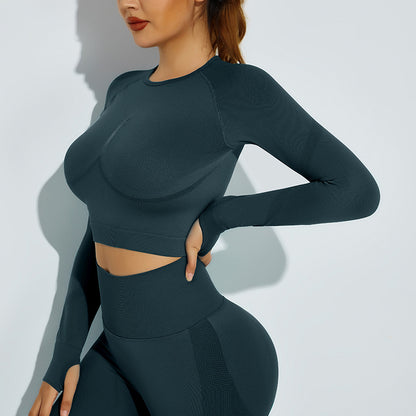 Seamless Knitted High Elastic Long Sleeves High-Waist Yoga Set