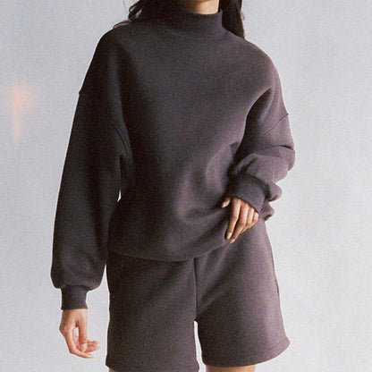 Turtleneck Long-Sleeves - Top Sports Shorts Two-Piece Set (7516838789208)