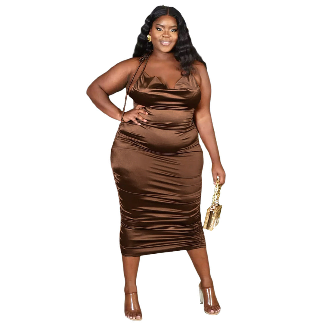Plus-Size Halter Lace-Up Pleated Zip-Up Glossy Dress (7516663447640)