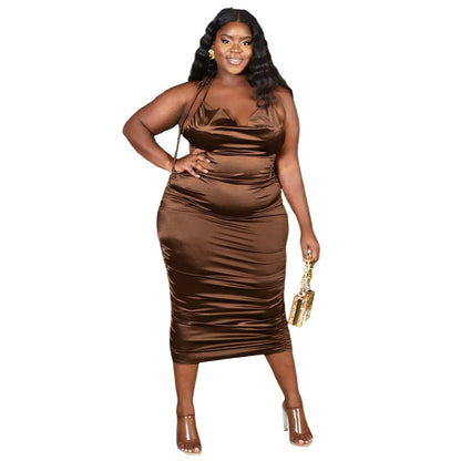 Plus-Size Halter Lace-Up Pleated Zip-Up Glossy Dress (7516663447640)