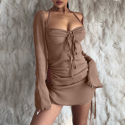 Solid Color Lace-Up Hollow-Out Tube-Top Mini Dress