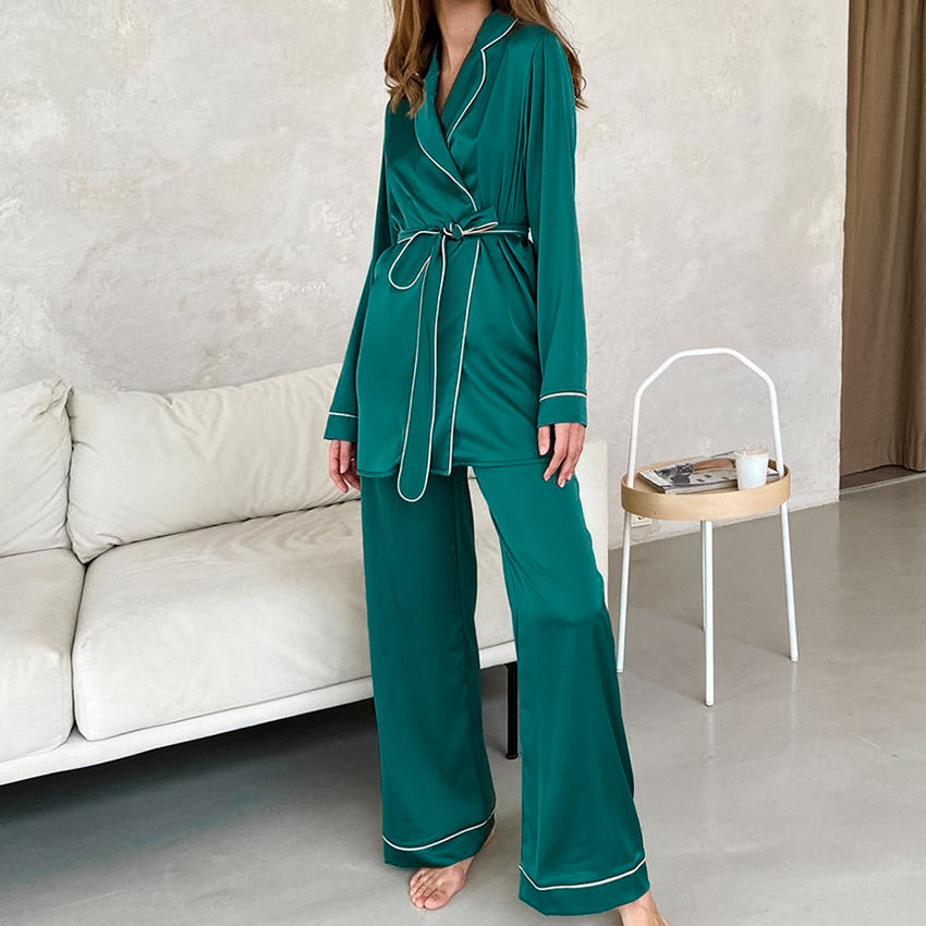 Long Sleeves Cardigan Lace-Up Pajamas Set