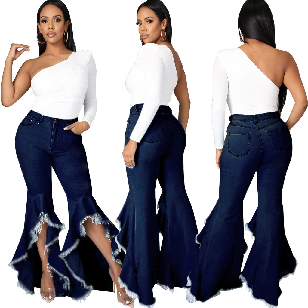Distressed Washed Stretchy Slim-Bell-Bottom Denim Jeans (7524741021784)