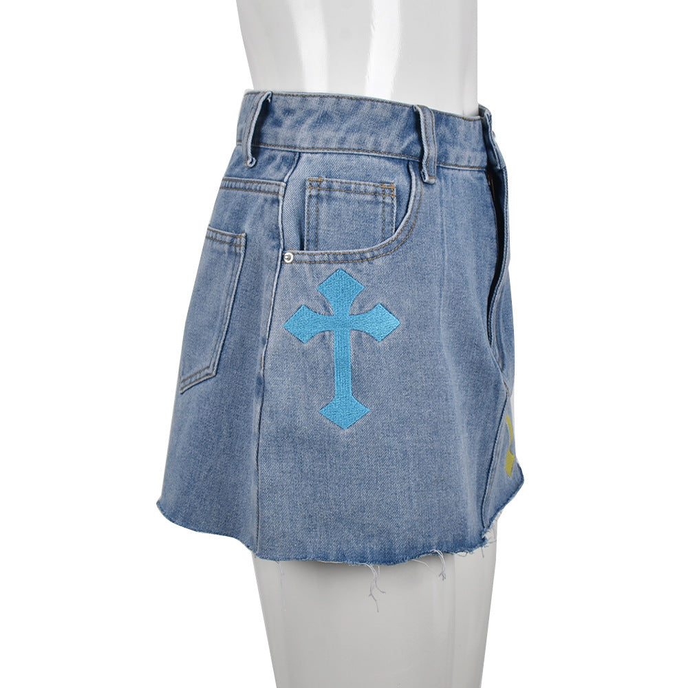 Colorful Criss-Crosses - Criss-Cross Stitch Denim Skirt (7519213289560)