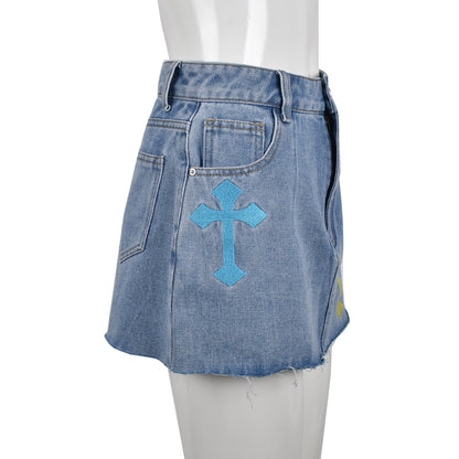 Colorful Criss-Crosses - Criss-Cross Stitch Denim Skirt (7519213289560)