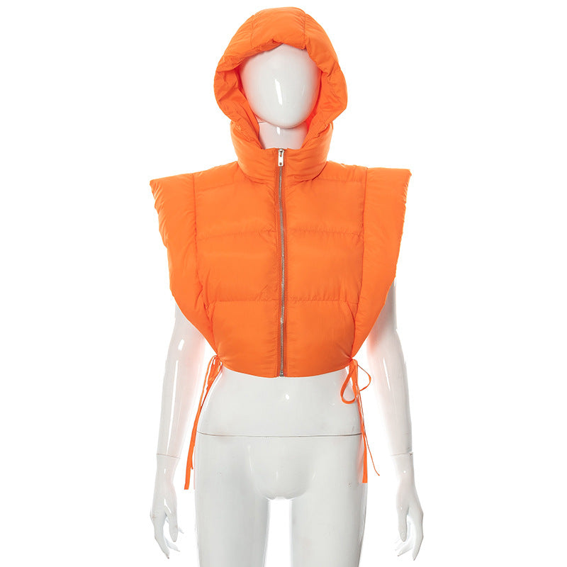 Autumn Winter Solid Color Sleeveless Hooded Zipper Lace up Thermal Fleece Cotton Padded Coat for Women Outerwear (7524987928664)