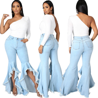 Distressed Washed Stretchy Slim-Bell-Bottom Denim Jeans (7524741021784)