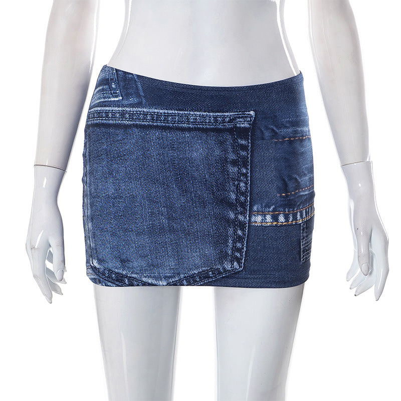 A Sheath Denim Skirt - Denim Printing Cropped Sheath Skirt (7519198412888)